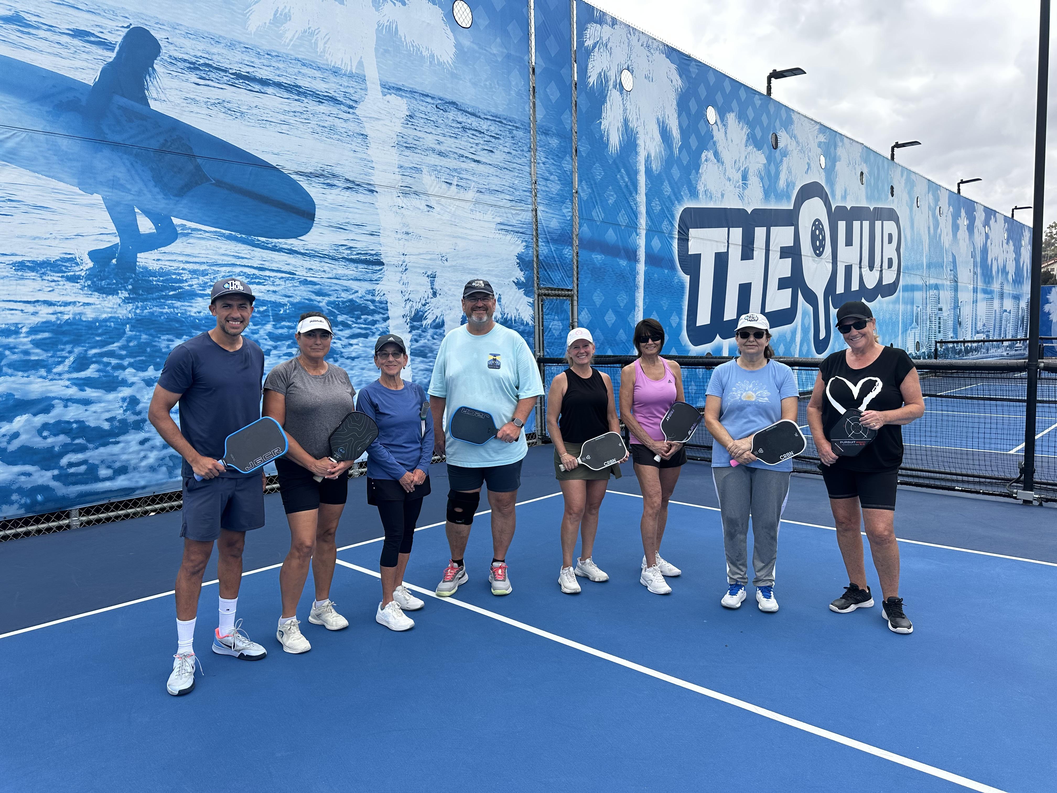 Pickleball clinic group at The HUB San Diego with Coach Gautam